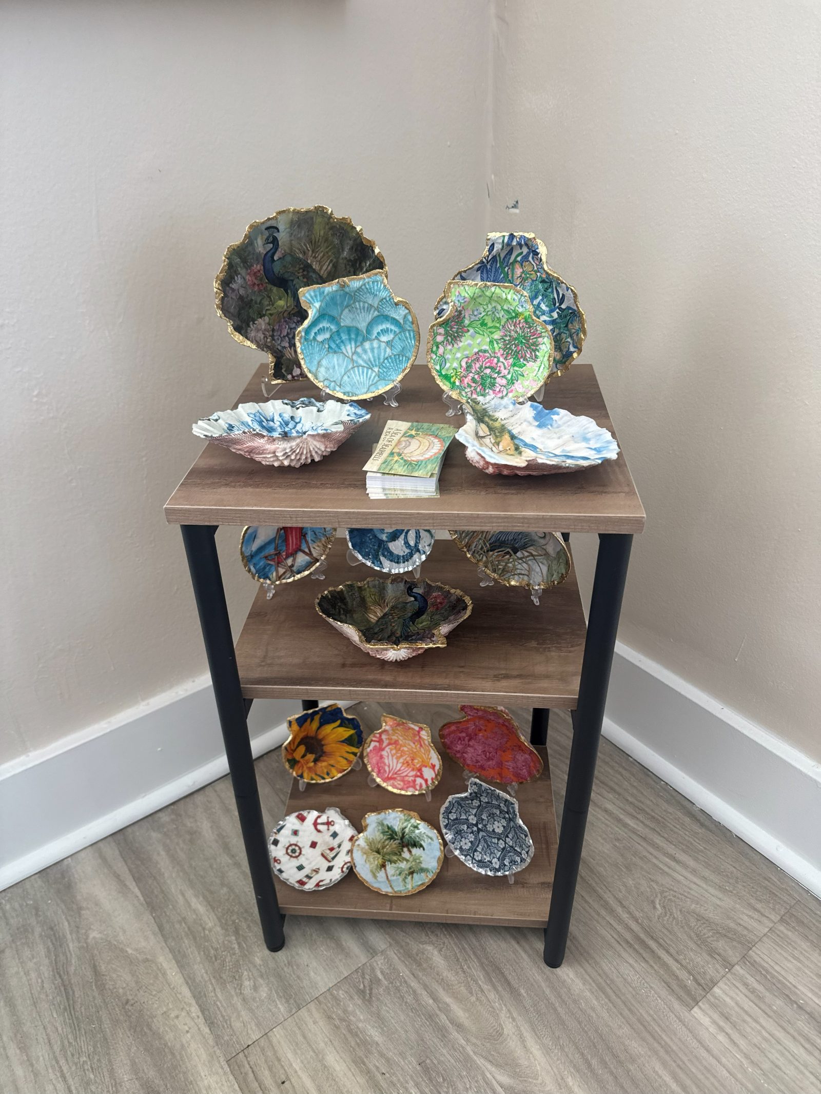 Hand-finished resin and shell art pieces